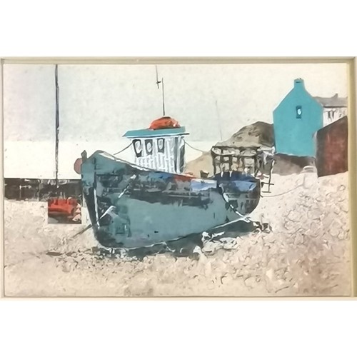 301 - Mixed media picture of a fishing boat on a beach by J A Scott - frame 35.5.cm x 44.5cm