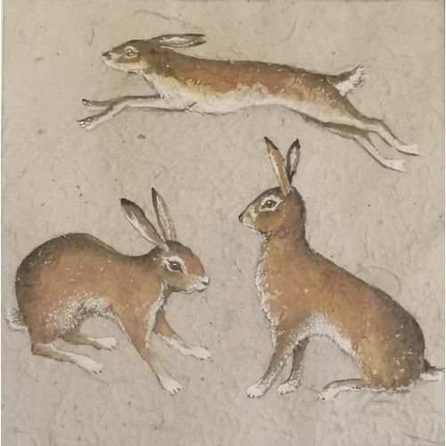 302 - Sue Oldfield watercolour painting on hand made paper - 'Happy hares' ~ frame 47cm square