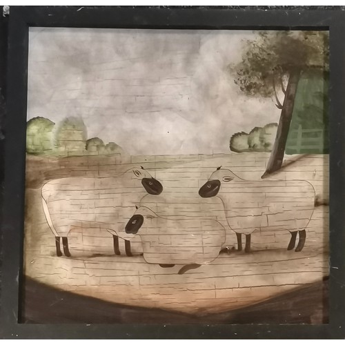 303 - Contemporary painting of 3 sheep in a field with a tree - frame 51cm square