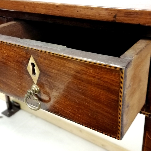 312 - Antique mahogany 3 drawer side table on square tapering legs with strung inlaid detail - some small ... 