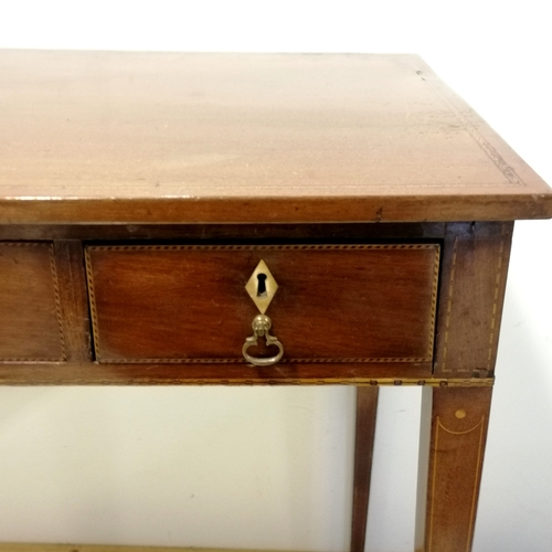 312 - Antique mahogany 3 drawer side table on square tapering legs with strung inlaid detail - some small ... 