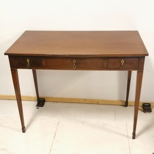 312 - Antique mahogany 3 drawer side table on square tapering legs with strung inlaid detail - some small ... 