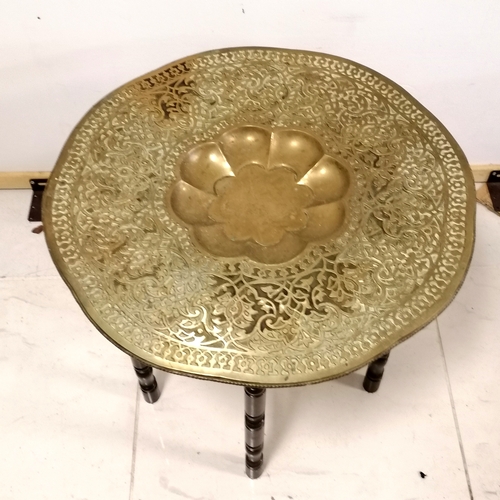 319 - Indian Bernares folding table with brass circular top - 62cm diameter x 52cm high