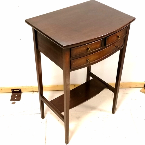 320 - Antique mahogany bow fronted small side table with 3 drawers to the top and a stretcher base - 48cm ... 