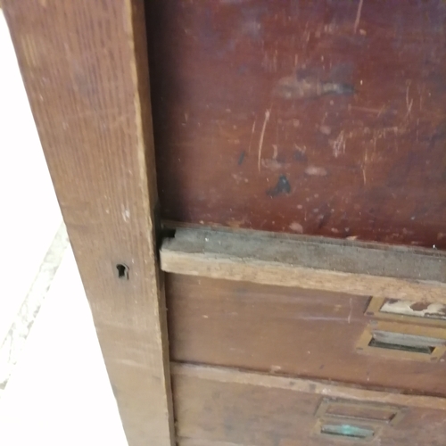 323 - Antique oak office cabinet with Wellington style locking mechanism (no key)- has some losses and wea... 