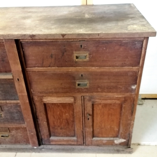 323 - Antique oak office cabinet with Wellington style locking mechanism (no key)- has some losses and wea... 