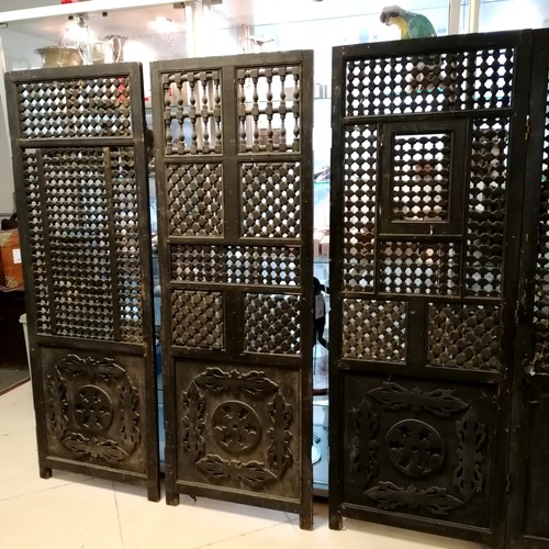 324 - Antique Liberty style Moorish design screen - 4 carved inserts loose and 2 panels missing their hing... 