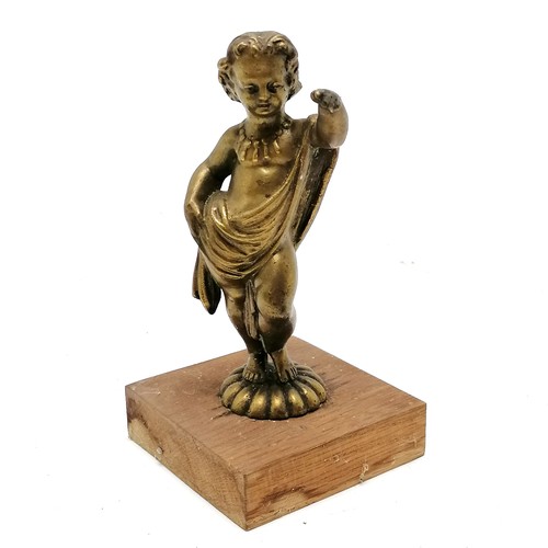 335 - Antique cast bronze study of a classical figure of a child mounted on a wooden base - 14.5cm high