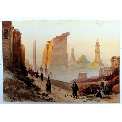 345 - 3 x antique watercolour paintings of Egypt / Egyptian life signed BB - backing card 32cm x 25.5cm ~ ... 