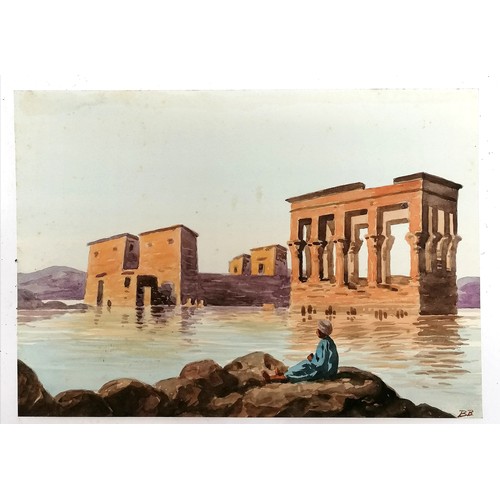 345 - 3 x antique watercolour paintings of Egypt / Egyptian life signed BB - backing card 32cm x 25.5cm ~ ... 