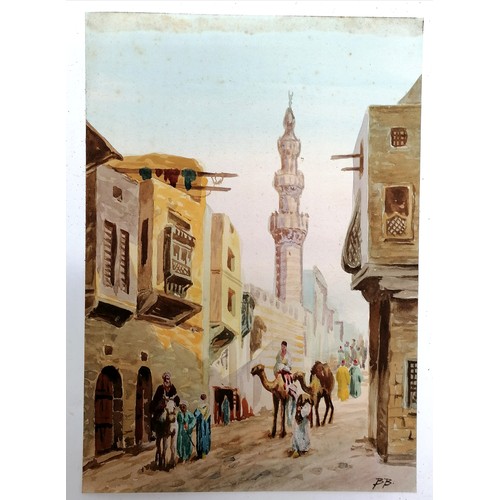 345 - 3 x antique watercolour paintings of Egypt / Egyptian life signed BB - backing card 32cm x 25.5cm ~ ... 