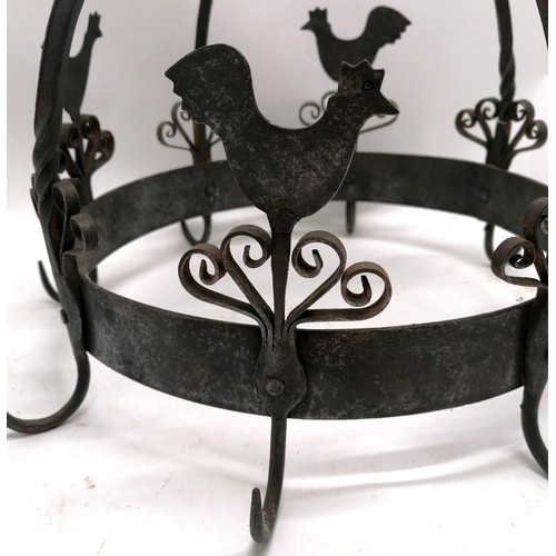 358 - Wrought iron blacksmith made hanging game hook with chicken detail - 30cm diameter x 32cm hanging he... 