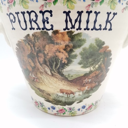 368 - Pure Milk 2 handled dairy pail with floral border and a central picture detail of cows in a river - ... 