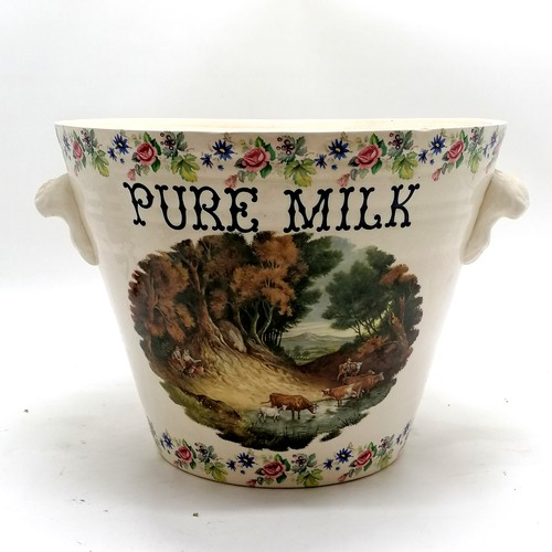 368 - Pure Milk 2 handled dairy pail with floral border and a central picture detail of cows in a river - ... 