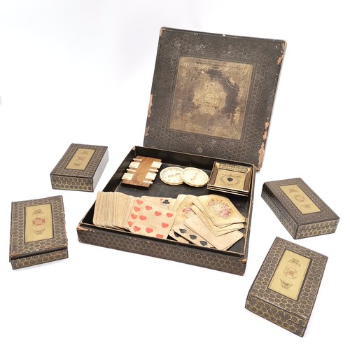 370 - Antique playing cards (2 missing) in an Oriental lacquer games box 29cm x 29cm x 7cm - all have some... 