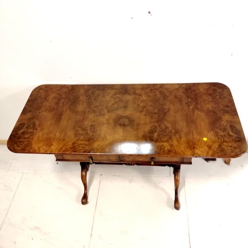 371 - Antique reproduction walnut sofa table with stretcher base and pad feet with brass castors, has reta... 