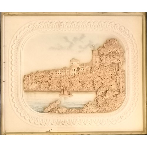 377 - Antique framed cork picture of Windsor castle from the river with boat and watercolour detail and em... 