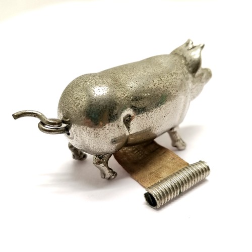 382 - Antique metal novelty pig tape measure with tail wind mechanism - 5cm long ~ tape a/f to end