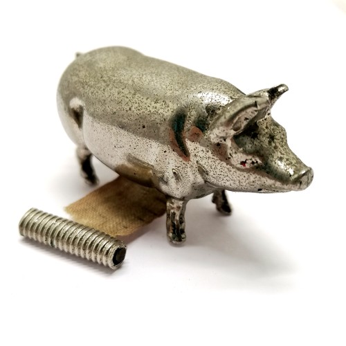 382 - Antique metal novelty pig tape measure with tail wind mechanism - 5cm long ~ tape a/f to end