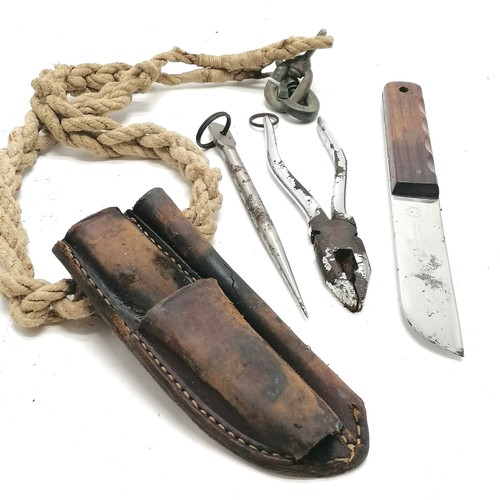 385 - J Nowill sailors knife in original leather sheaf with original fid & pliers on a hand worked rope la... 