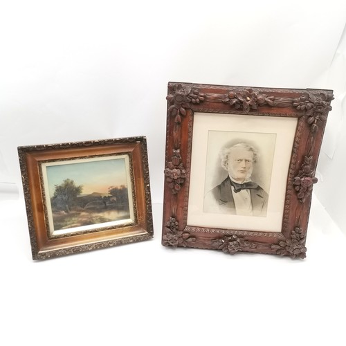 390 - Antique hand carved wooden frame with photograph of gentleman (48cm x 43cm & slight losses) t/w fram... 