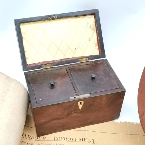 391 - Antique rosewood veneer tea caddy box with fitted interior (20cm x 12cm x 12.5cm high & with slight ... 