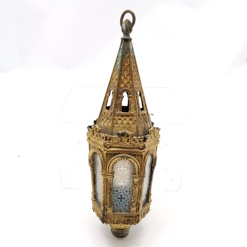 392 - Antique gothic brass church hanging candle lantern with etched glass panels - 32cm drop - has some v... 