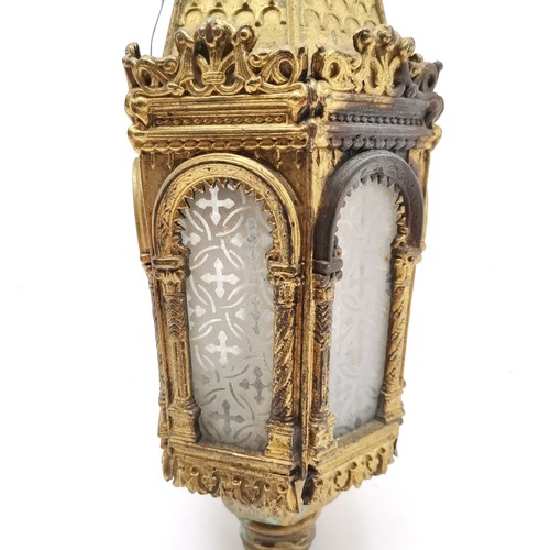 392 - Antique gothic brass church hanging candle lantern with etched glass panels - 32cm drop - has some v... 