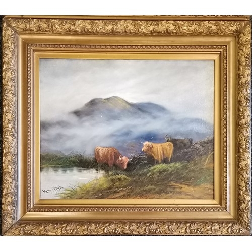 407 - Pair of original oil paintings on canvas of highland cattle signed Harry West - gesso frames 60cm x ... 