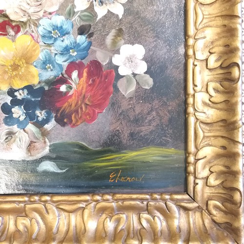 414 - E Lacroix original oil still life painting on board of a vase of flowers - gesso gilt frame 63cm x 5... 