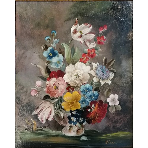 414 - E Lacroix original oil still life painting on board of a vase of flowers - gesso gilt frame 63cm x 5... 