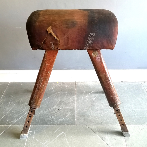 422 - Antique leather topped pommell horse by Spencer, Heath & George London with adjustable pine legs - h... 