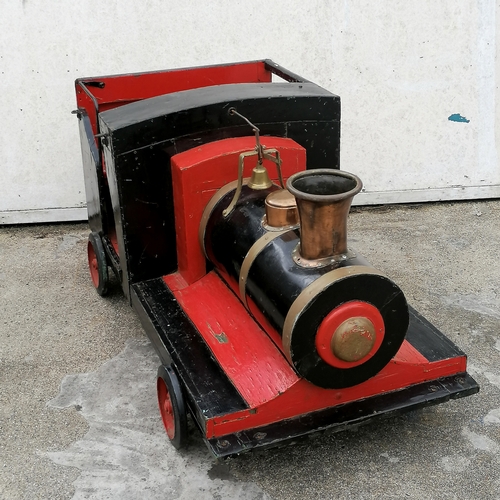 423 - Vintage original wooden steam train fairground ride with bronze funnel, bell etc 131cm long x 69cm w... 