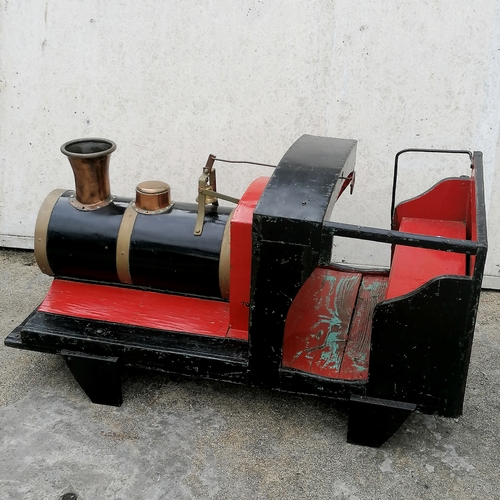 423 - Vintage original wooden steam train fairground ride with bronze funnel, bell etc 131cm long x 69cm w... 