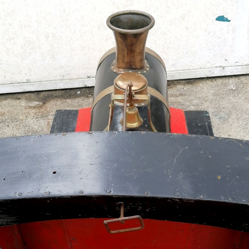 423 - Vintage original wooden steam train fairground ride with bronze funnel, bell etc 131cm long x 69cm w... 