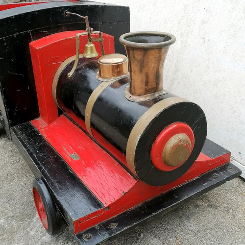 423 - Vintage original wooden steam train fairground ride with bronze funnel, bell etc 131cm long x 69cm w... 