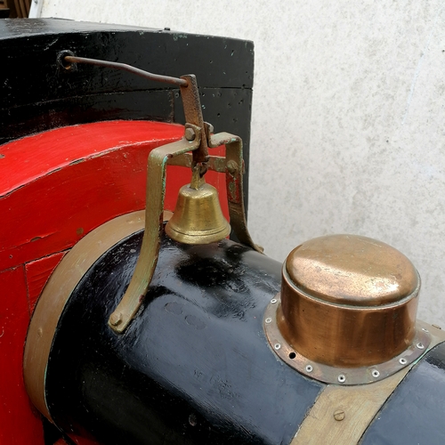 423 - Vintage original wooden steam train fairground ride with bronze funnel, bell etc 131cm long x 69cm w... 