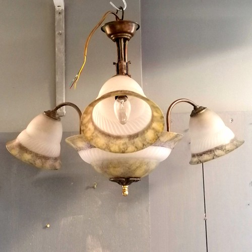 425 - Pair of French style ceiling lights with central frosted glass uplighter and 3 branches with matchin... 