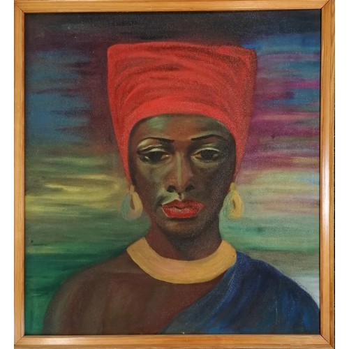 426 - Oil on board painting of a lady wearing a red headscarf - frame 70cm x 65cm