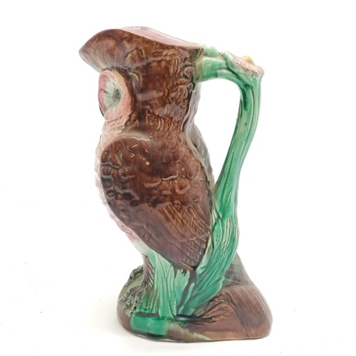 430 - Antique majolica owl pitcher - 28.5cm high & has crazing to the glaze otherwise no obvious damage