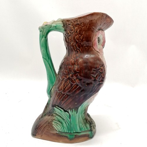 430 - Antique majolica owl pitcher - 28.5cm high & has crazing to the glaze otherwise no obvious damage