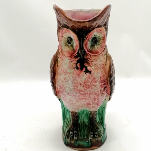 430 - Antique majolica owl pitcher - 28.5cm high & has crazing to the glaze otherwise no obvious damage