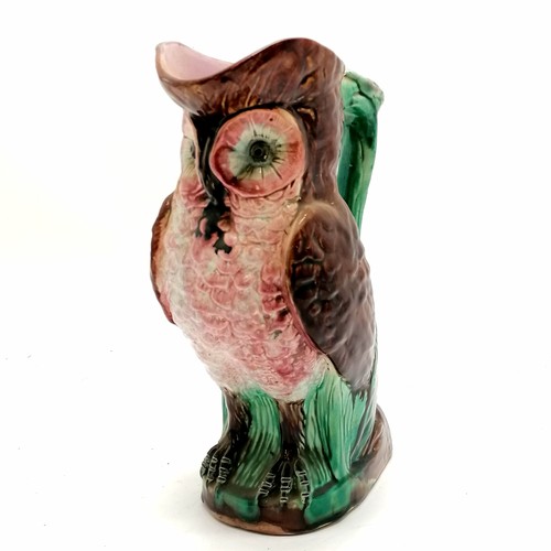 430 - Antique majolica owl pitcher - 28.5cm high & has crazing to the glaze otherwise no obvious damage