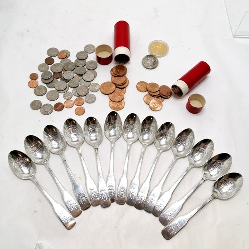 444 - 1976 USA bicentennial silver plated set of 13 x 15.5cm spoons (the founding states) t/w coins inc US... 