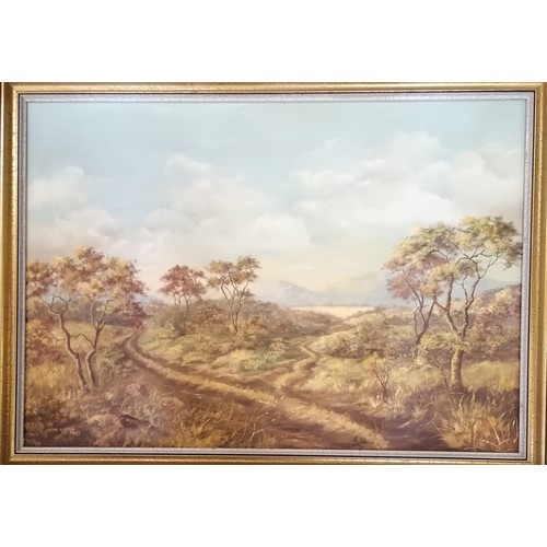 448 - Irene Duggan (1936-2013) original oil painting on board of a South African landscape - frame 74cm x ... 