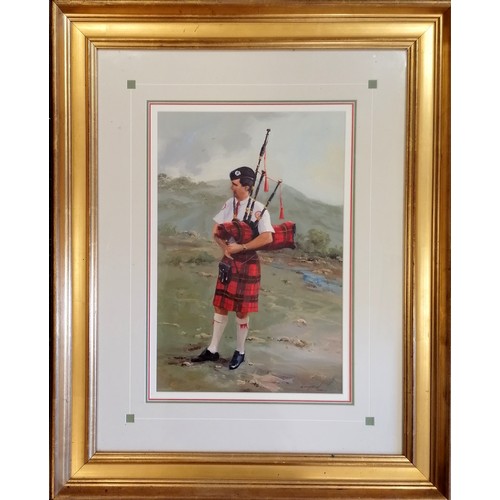 469 - John Downton (b.1939) framed original painting of 'Tickling the chanter, Tablelands' of a bagpipe pl... 