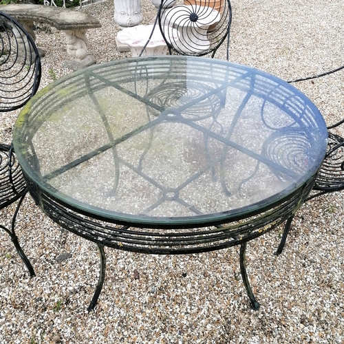 20A - Glass topped circular black wrought iron table with 4 matching unusual wirework designed chairs  - t... 