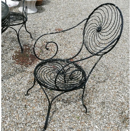 20A - Glass topped circular black wrought iron table with 4 matching unusual wirework designed chairs  - t... 