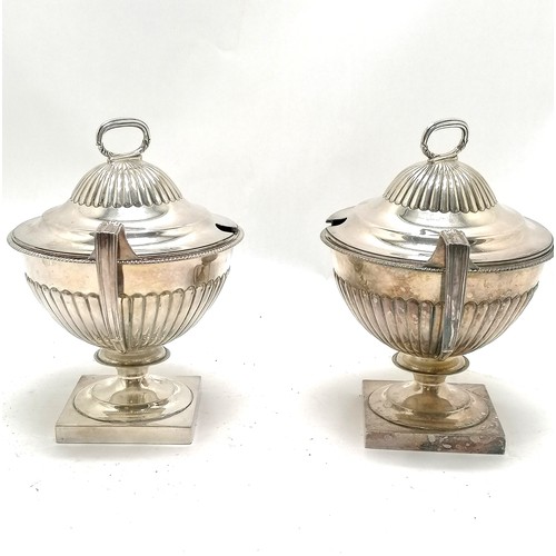 910 - Pair of silver plated trophy shaped 2 handled tureens with covers terminating on square bases 17cm h... 