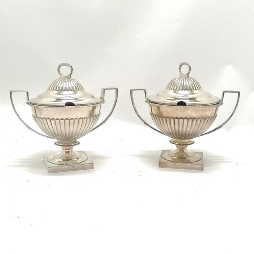 910 - Pair of silver plated trophy shaped 2 handled tureens with covers terminating on square bases 17cm h... 